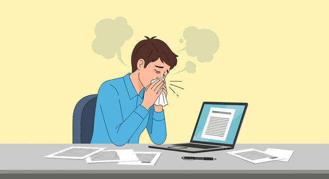 Unwell Office Worker Dealing With Illness While Working On A Laptop Illustration