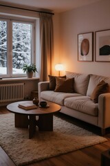 Fototapeta premium Cozy living room with sofa and coffee table overlooks snowy forest. Warm lamp light illuminates plush rug and modern art. Comfortable home interior design for winter.