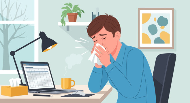 Unwell Individual In An Office Setting Experiencing Illness Symptoms During Work