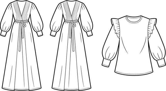 Fashion technical sketch of a long wrap maxi dress with pleated bodice and ruffle shoulder blouse