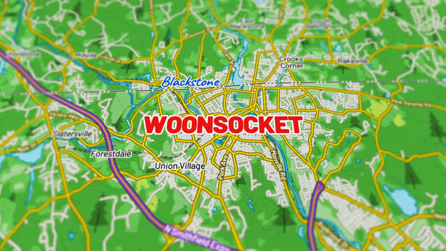 Macro View of Woonsocket Rhode Island Map Showing Detailed Streets, Roads, and Geographic Layout
