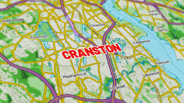 Macro View of Cranston Rhode Island Map Showing Detailed Streets, Roads, and Geographic Layout