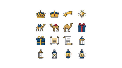 Fototapeta premium A collection of colorful flat icons depicting religious and holiday symbols including crowns camels gifts and lanterns.