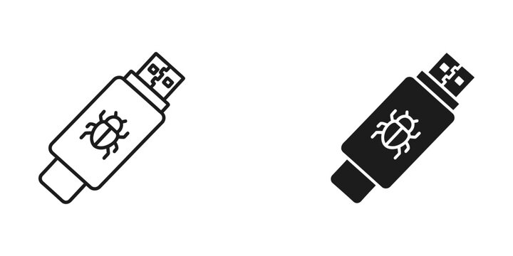 Usb flash drive with virus icon vector set cybersecurity computer infection technology security infestation