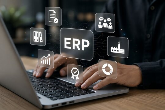 Business professional typing on laptop with erp system interface and icons