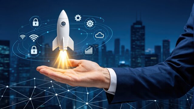 Hand holding launching rocket with startup icons, business growth concept, innovation success, city skyline background, digital marketing symbols, wifi connection, cloud computing