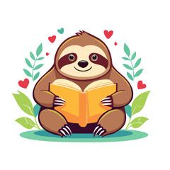 Obraz premium Cute cartoon sloth reading a book illustration