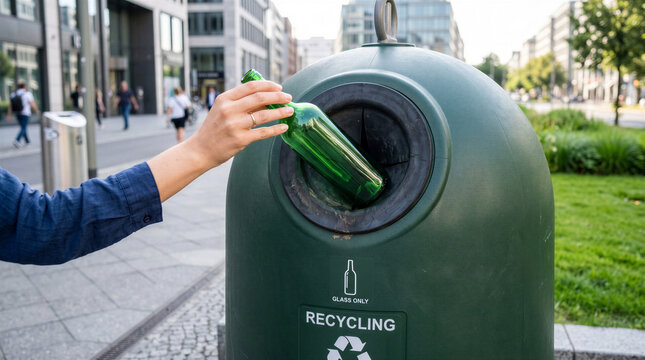 Person recycling glass bottle in green bin on city street  