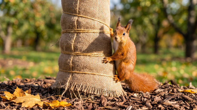 A charming red squirrel stands alert on a burlap-wrapped tree trunk, surrounded by vibrant autumn leaves and green grass in a sunny orchard, showcasing wildlife in a protected natural setting