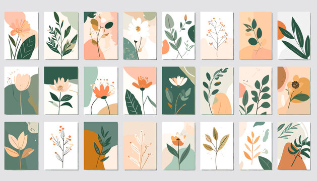 Abstract Minimal Boho Mid Century Botanical Leaf Poster Art Panel Templates with Muted Neutral Earth Tone Geometrical Shapes for Home Interios