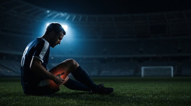 A male soccer player sits on a dark stadium field at night, clutching his injured knee which glows red, under a bright spotlight.