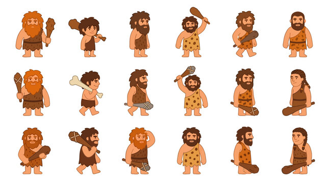 Stone age caveman characters performing various actions.