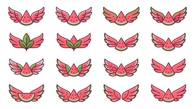 Winged pink watermelon slice symbols collection