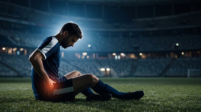 Injured male soccer player sitting on the field with back pain during a night game in a stadium.