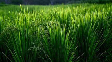Fototapeta premium A lush rice paddy field is beautifully illuminated with soft lighting and subtle shadows creating a tranquil and intriguing landscape
