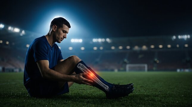 A male soccer player sits on a dark stadium field at night, clutching his shin with a glowing x-ray graphic indicating a painful leg injury.