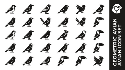 Obraz premium Geometric bird silhouette icon set featuring various avian species for nature and wildlife design projects