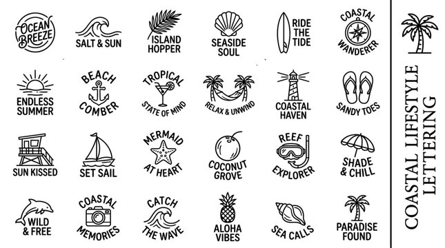 Vibrant vector silhouette collection for a blissful coastal lifestyle, featuring diverse beach-themed icons and summer vacation emblems