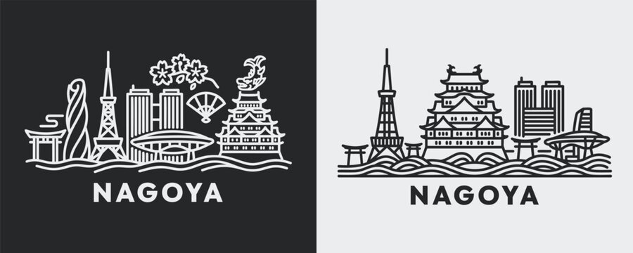 Nagoya Japan City Skyline Landmark Illustration Set in Traditional and Modern Line Style for Tourism