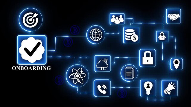 Glowing blue digital icons connected system illustrating onboarding process interface with employee integration workflow and training concept.4K DIGITAL ANIMATION..