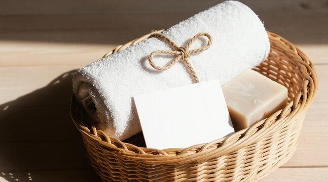 Wicker basket holds rolled white towel soap and blank card. Natural light illuminates spa amenity set on wood surface. Prepare for guest welcome.