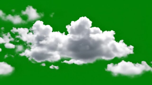 Cumulus cloud formation on a green screen background with animated white fluffy cumulus clouds rolling through the sky