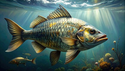 Fototapeta premium A large, detailed fish swims underwater, illuminated by sunlight filtering through the water