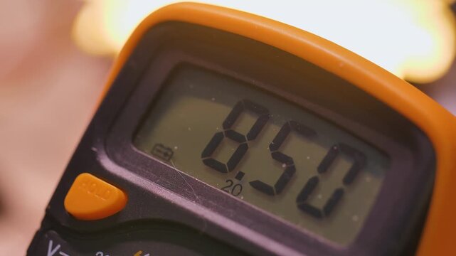 Close-up of a digital multimeter measuring an electronic component during repair and maintenance, highlighting electrical testing, troubleshooting and DIY electronics work
