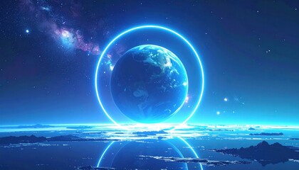 Fototapeta premium Cosmic scene depicts Earth encased in glowing ring, with nebula backdrop and water reflection