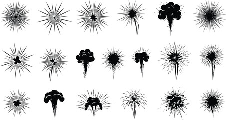 Vector set of black explosion bursts and smoke cloud silhouettes for action comic design © jamiul