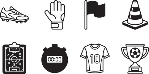 Fototapeta premium Soccer football sport equipment and training vector icon set with jersey boots stopwatch and trophy