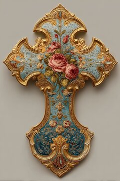 Antique German ornamental cross scrap with roses, soft periwinkle and gold metallic embossing, chromolithograph die-cut on aged paper, elaborate gilt decorative ephemera in vintage religious style.
