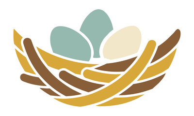 Minimalist icon of a bird nest with three oval eggs featuring bold flat shapes and simple geometry on a solid white background nature wildlife concept