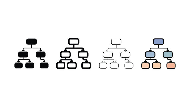 Organizational chart icon set black outline flat and colored versions