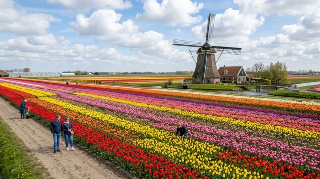 Blooming Tulip Fields And Historic Windmill Landscape