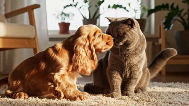 Cute English Cocker Spaniel puppy playfully interacts with a grumpy British Shorthair cat indoors on a sunny day