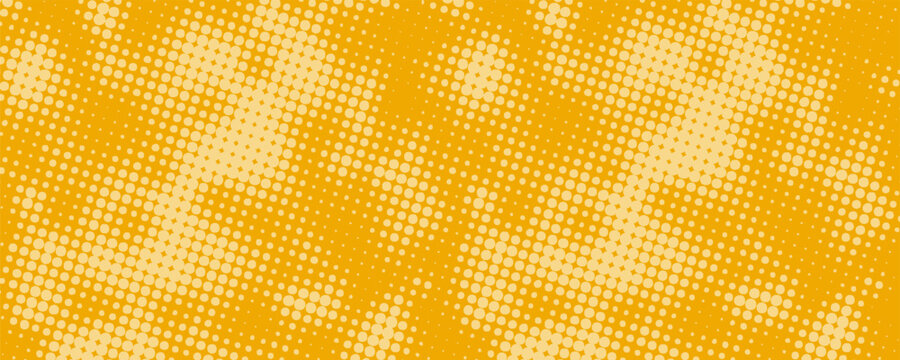 Yellow halftone pattern. Retro comic gradient background. Bright orange pixelated dotted texture overlay. Cartoon pop art faded gradient pattern. Vector backdrop for poster, banner, advertisemen
