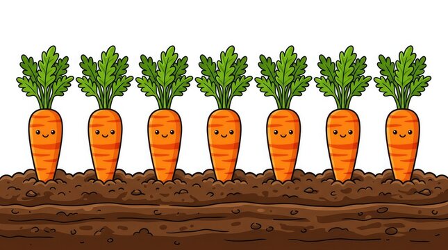 Smiling cartoon carrots growing in soil