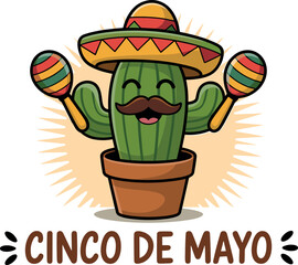 Cinco De Mayo celebration design with a cute cartoon cactus wearing a sombrero and holding maracas for party greetings © Hena