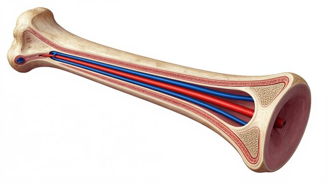 Longitudinal section of a human long bone showing internal structure with red artery and blue vein. Bone marrow and spongy tissue visible within cutaway shaft.