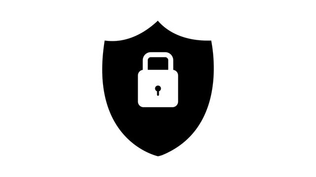 Minimalist black shield with white padlock icon animation on white background for cyber security, data protection, privacy, and safety concept vector illustration