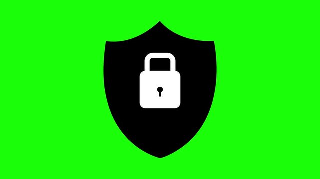 Black security shield and white padlock icon animation on green screen background for cyber security, data protection, privacy, and chroma key editing concept