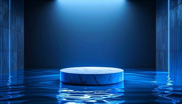 White marble podium on water in a dark blue neon-lit room