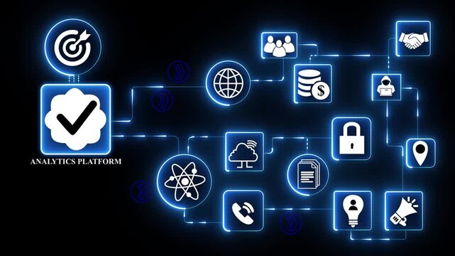 nalytics platform technology icons network with data processing dashboard icon illustrating business intelligence system and performance analysis interface motion graphics,motion digital video.