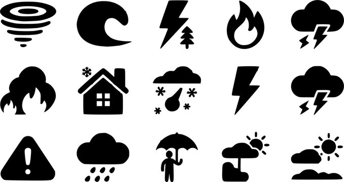 Minimalist natural disasters and extreme weather conditions vector silhouette icon set featuring storm hurricanes, ocean tsunami waves, forest wildfires, and lightning hazard warnings.