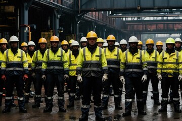 Obraz premium Factory workers in yellow safety vests, hard hats stand together in rain. Group of men wearing protective gear outdoors. Industrial team faces harsh weather conditions, showing resilience, unity.