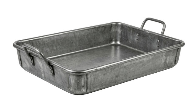 Galvanized metal roasting pan with side handles and rectangular deep tray, high-resolution kitchen cookware PNG image for baking, serving, and food prep

