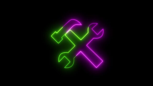 Glowing green and purple neon wrench and hammer crossed tools icon loop animation on black background for construction, repair, settings, and technical support concept