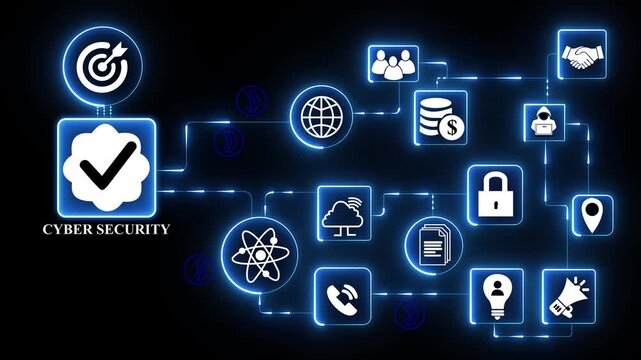 Connected glowing blue digital icons system representing intellectual property management with rights protection licensing and legal security interface.4k digital animation