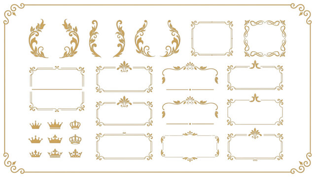 Set of elegant gold vintage frames and laurel wreaths for wedding invitations and luxury design